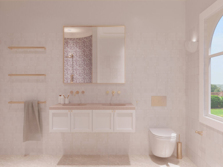 Bathroom with a double vanity, large mirror, and arched window. soft pink and cream tones with toiletries.